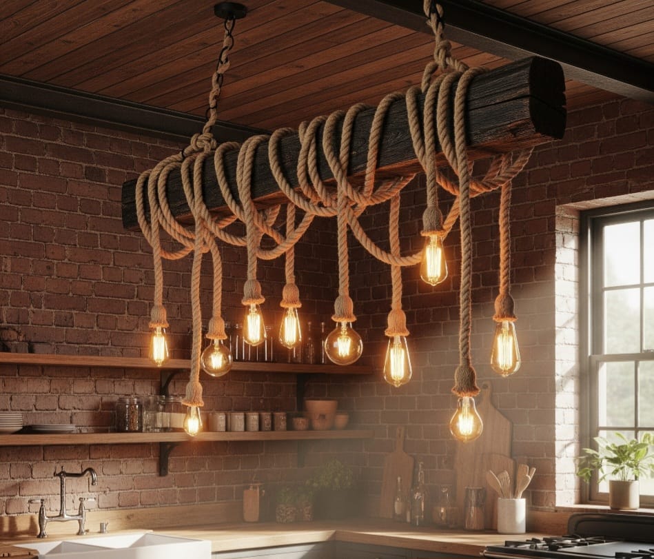 Grand 138 cm Wood Beam Chandelier with 15 Rope Pendants and Artificial Flowers Homeartparis production