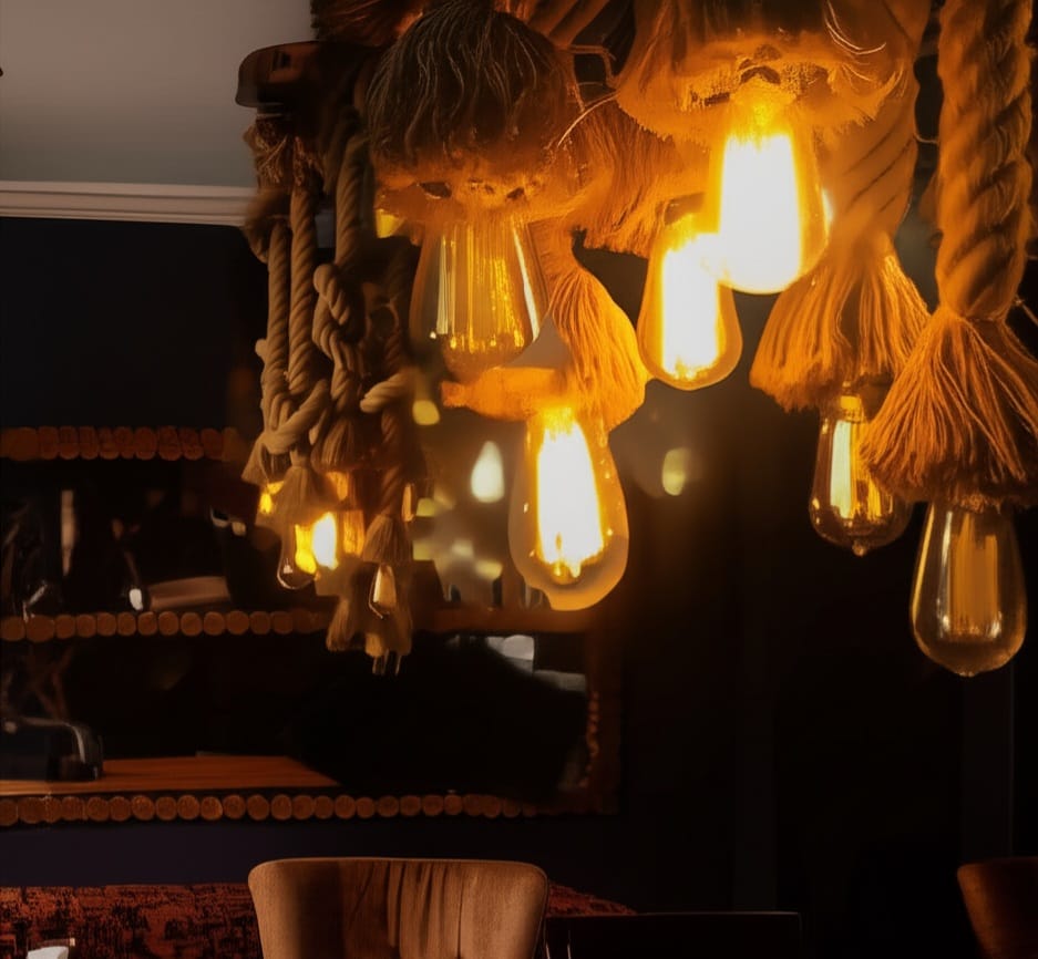 Rustic Root Wood Slice Chandelier with 7 Braided Flexible Jute Rope Pendants Homeartparis production