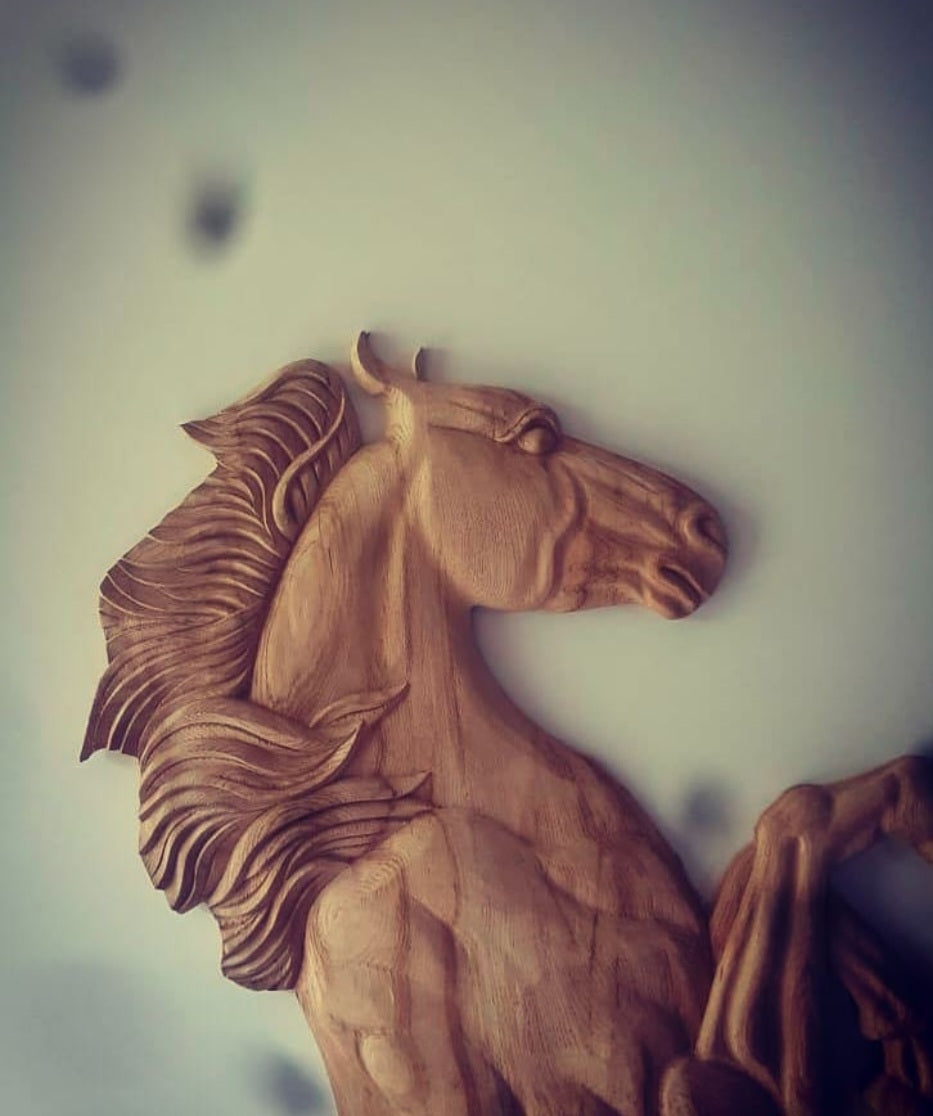 Vitage Wooden Garden Gate, Medieval Hand-Carved Chestnut Wood Double Doors with Rearing Horse Reliefs - Custom Size and Logo Options Homeartparis production