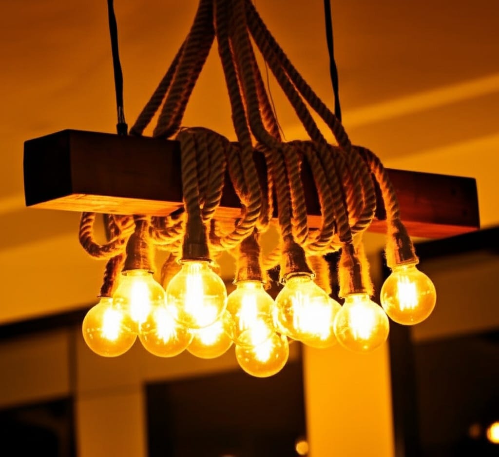 Rustic Wood Beam Chandelier with 10 Hanging Rope Sockets Vintage Industrial Light Homeartparis production