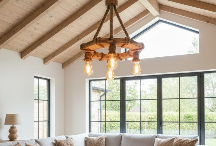The Geometric Wood Chandelier, Bohemian Rope Lamp, 4-Light Rustic Pendant, Living & Dining Room Lighting