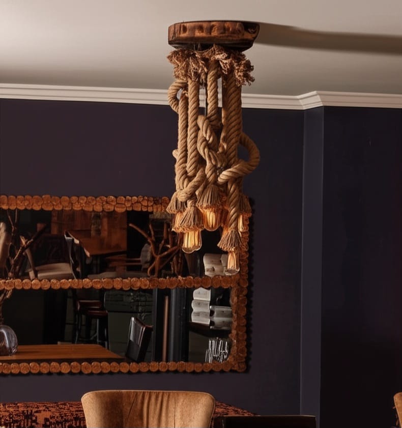 Rustic Root Wood Slice Chandelier with 7 Braided Flexible Jute Rope Pendants Homeartparis production