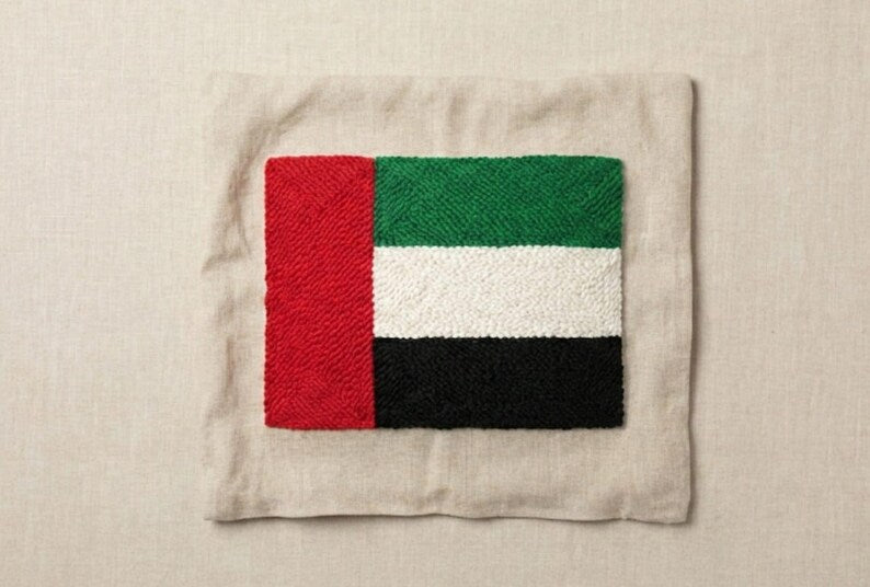 Homeartparis UAE Flag Punch Needle Pillow, 40x40 cm (16x16 inc) Handmade Decorative Cushion, Breathable Beige Linen Fabric with Soft Insert, Removable