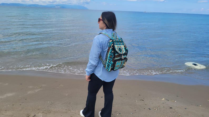 Ethnic Boho Backpack - Handwoven Authentic Kilim Pattern Travel Bag by Seval Özsoy - Unique Bohemian Rucksack - Artisan Kilim Accessory