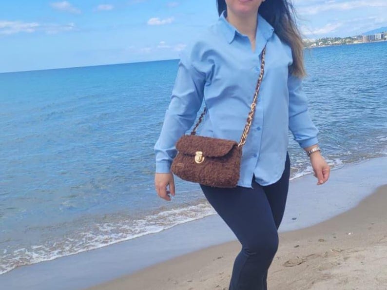 Brown Soft Plush Shoulder Bag - Handmade Designer Crossbody by Seval Özsoy - Luxury Cozy Faux Fur Purse with Gold Chain - Unique Gift