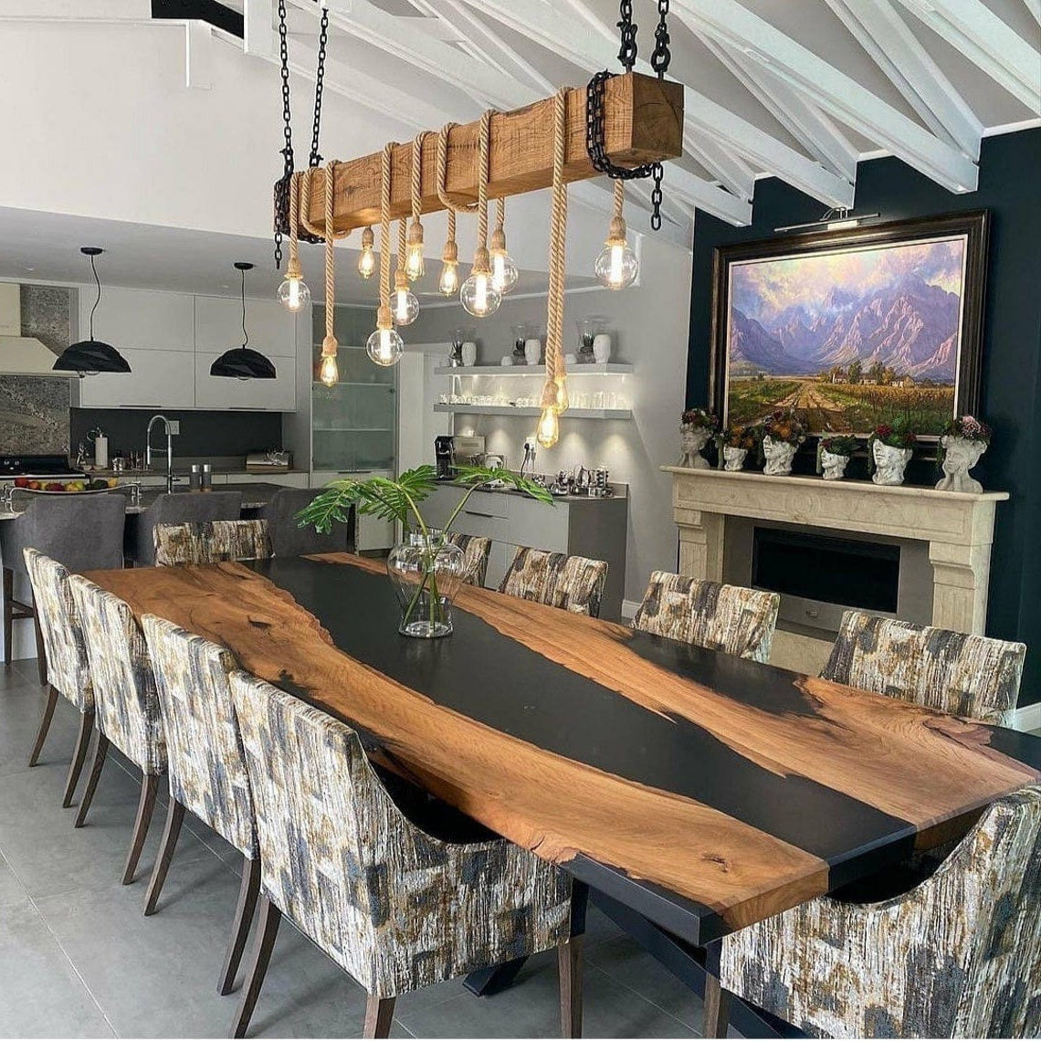 Wood Beam Chandelier with 10 Rope Pendants and Artificial Flowers Homeartparis production