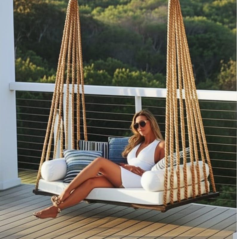 Modern Wooden Swing bed| Minimalist Porch Swing sofa | Handmade Hanging Sofa | Boho Garden Daybed | Cushioned Wood Swing sofabed