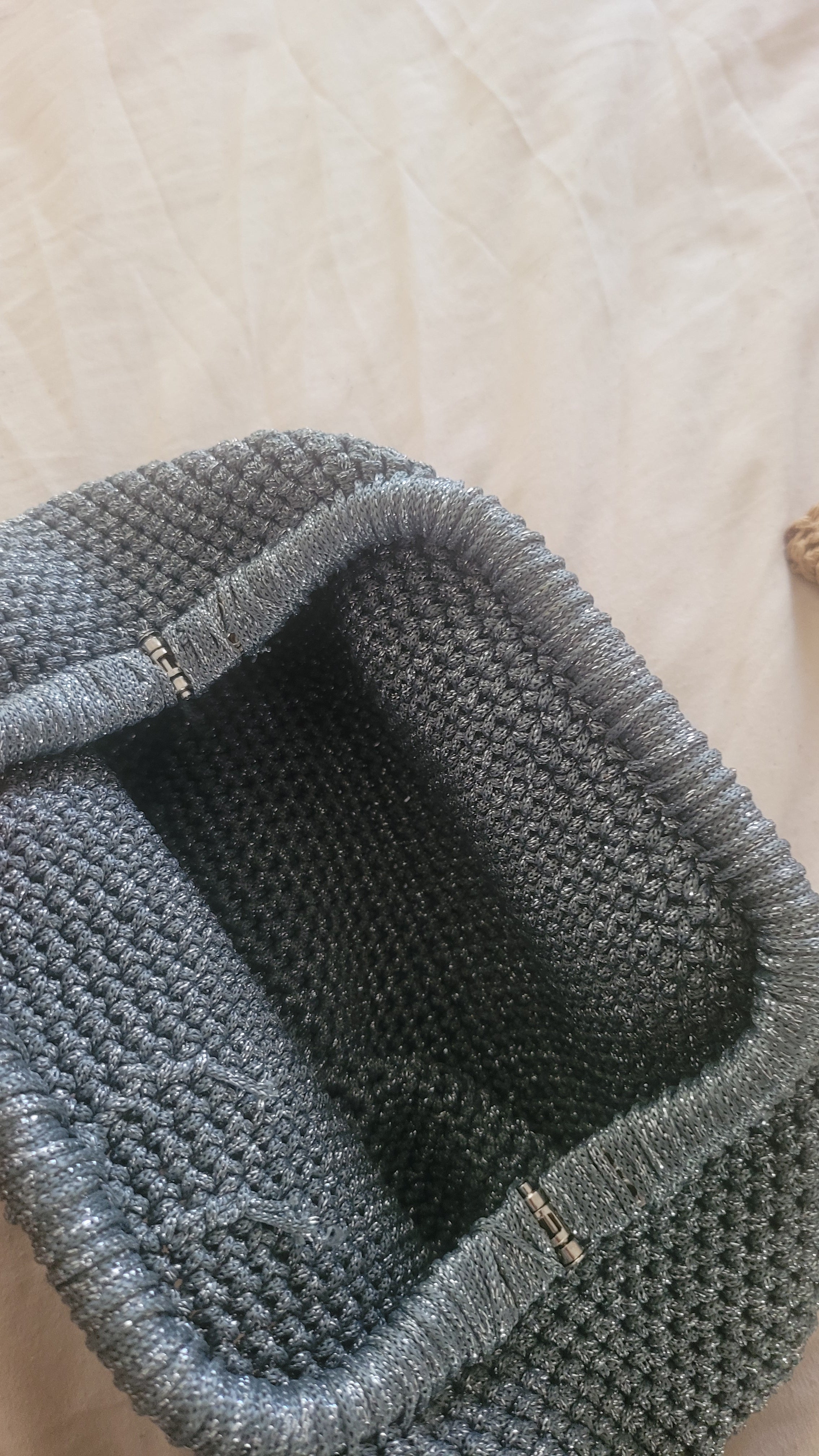 The Homeartparis Sparkly Grey Crochet Clutch - Handmade Silver Glitter Evening Bag by Seval Özsoy - Luxury Party Purse with Metal Frame - Elegant Occasion Gift