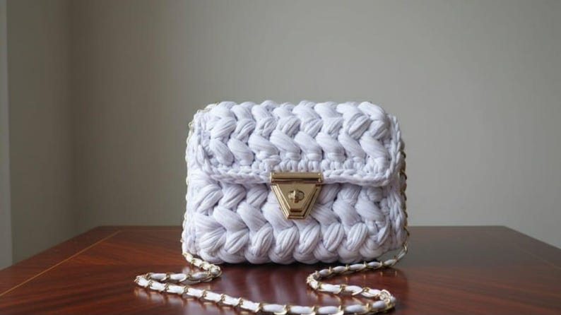 Chalk White Crochet Crossbody Bag - Handmade Popcorn Stitch Purse by Seval Özsoy - Soft T-Shirt Yarn Mini Bag - Unique Designer Gift
