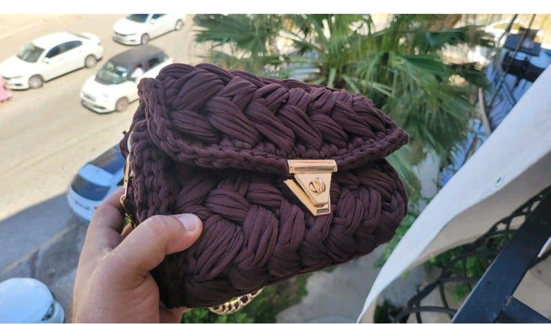 Brown Popcorn Stitch Crossbody Bag - Designer Knit Shoulder Bag by Seval Özsoy - Unique Limited Edition Boho Purse - Special Gift for Her