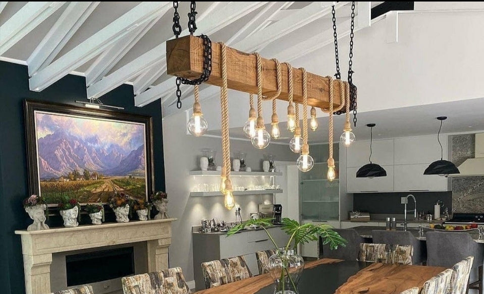 Wood Beam Chandelier with 10 Rope Pendants and Artificial Flowers Homeartparis production