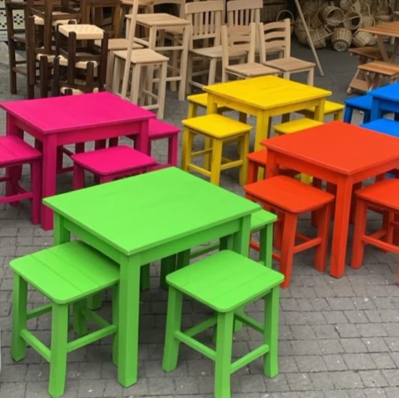 Vibrant Commercial Cafe Table Set, 4 Stools and 1 Table, Patio and Terrace Furniture, Customizable Wood, Suitable for Indoor/Outdoor Use> by homeartparis