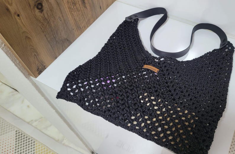 Home art paris Elegant Black Crochet Evening Bag - Designer Hand-Knitted Shoulder Bag by Seval Özsoy - Unique Formal Crossbody Purse with Vegan Leaher Strap