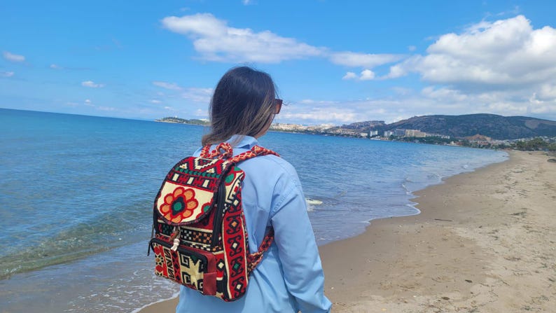 Ethnic Boho Backpack - Handwoven Authentic Kilim Pattern Travel Bag by Seval Özsoy - Unique Bohemian Rucksack - Artisan Kilim Accessory