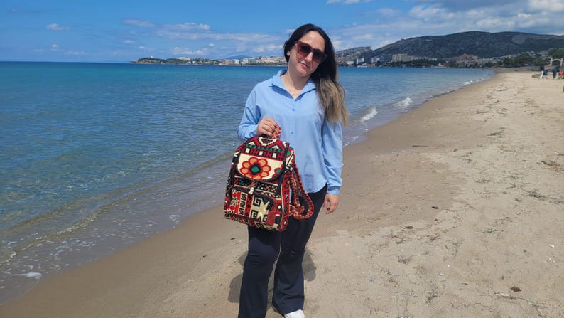 Ethnic Boho Backpack - Handwoven Authentic Kilim Pattern Travel Bag by Seval Özsoy - Unique Bohemian Rucksack - Artisan Kilim Accessory