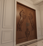 Vitage Wooden Garden Gate, Medieval Hand-Carved Chestnut Wood Double Doors with Rearing Horse Reliefs - Custom Size and Logo Options Homeartparis production