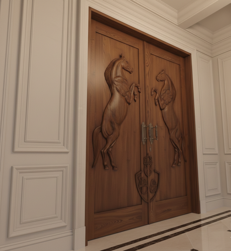 Vitage Wooden Garden Gate, Medieval Hand-Carved Chestnut Wood Double Doors with Rearing Horse Reliefs - Custom Size and Logo Options Homeartparis production