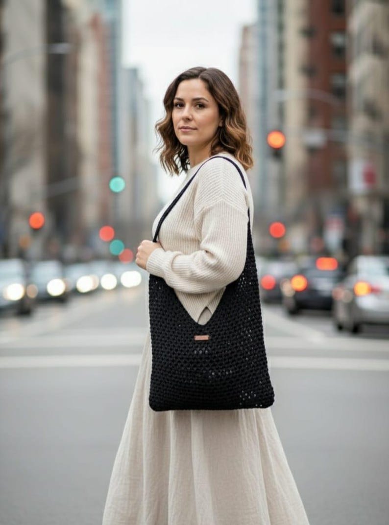 Home art paris Elegant Black Crochet Evening Bag - Designer Hand-Knitted Shoulder Bag by Seval Özsoy - Unique Formal Crossbody Purse with Vegan Leaher Strap