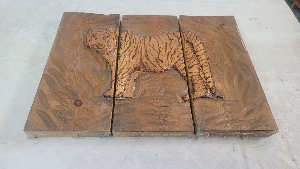 Spirit of Shadow and Fire: 3-Piece Hand-Carved & Pyrography Wood Art Tiger - Homeartparis production