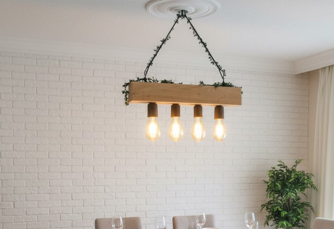 Minimalist Wood Beam Chandelier, Scandinavian Style Pendant, Modern Farmhouse Kitchen Island Lighting