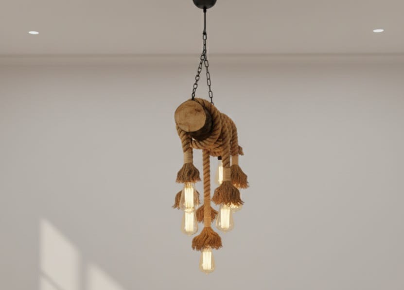 6-Light Natural Oak Branch and Rope Rustic Chandelier - Organic Homeartparis Design