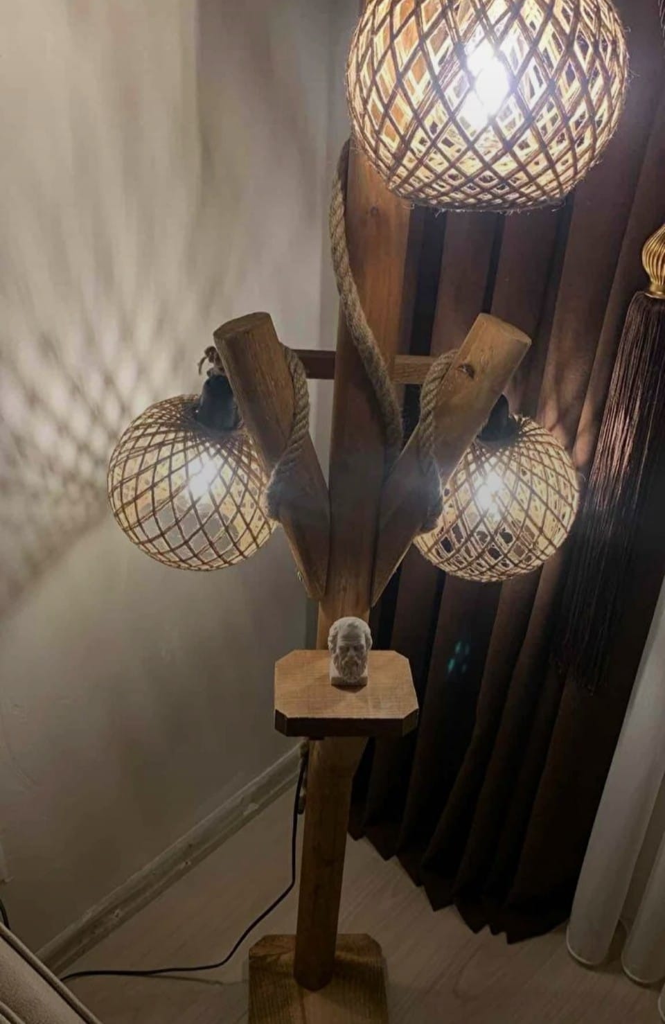 Natural Tree Branch Floor Lamp with 3 Rope Shades Homeartparis production