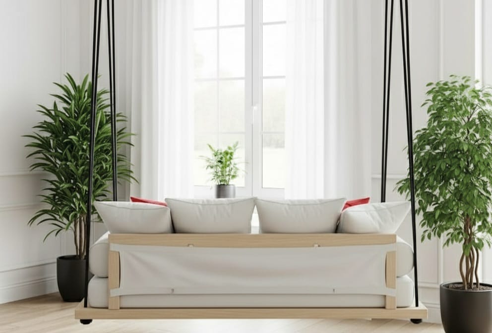 Desing Spruce Wood Porch Swing Bed Set - Outdoor Garden Hanging Daybed with Cushions - Homeartparis production