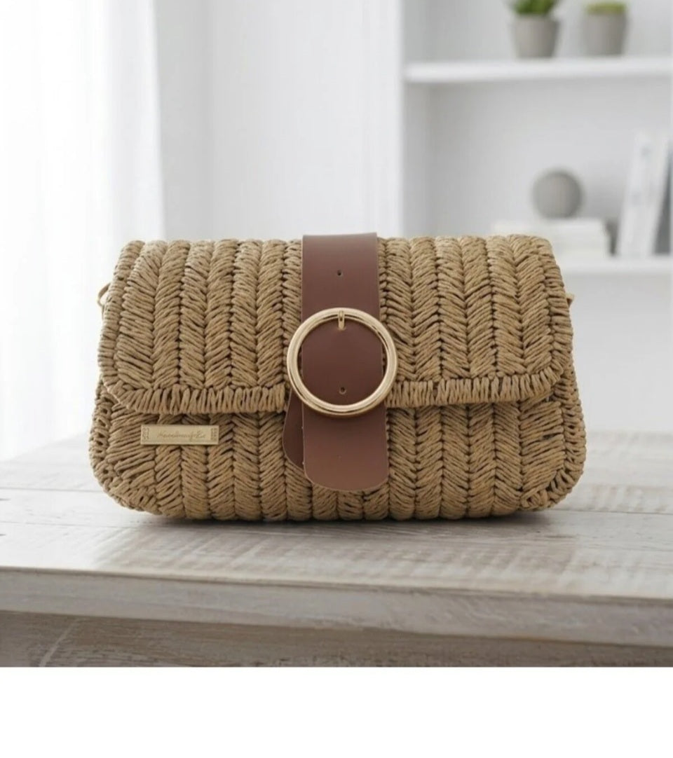 Handmade Straw Shoulder Bag - Bohemian Crossbody by Seval Özsoy - Natural Woven Summer Purse with Gold Ring Buckle - Unique Artisan Gift