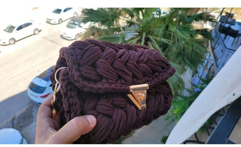 The Crochet Brown Bag with Gold Chain, Handmade Popcorn Stitch Purse, Elegant Evening Bag, Gift for Her by SevalDesing