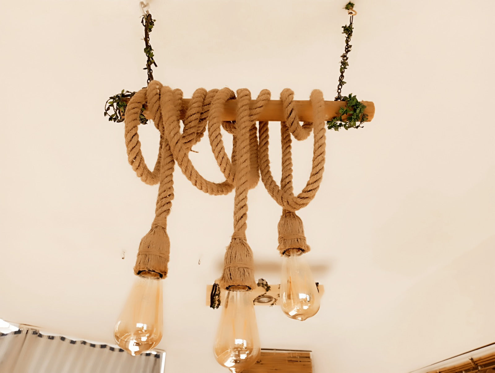 Handcrafted Natural Bamboo and 3-Light Rope Pendant Chandelier Homeartparis production