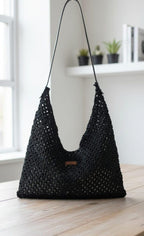 Home art paris Elegant Black Crochet Evening Bag - Designer Hand-Knitted Shoulder Bag by Seval Özsoy - Unique Formal Crossbody Purse with Vegan Leaher Strap