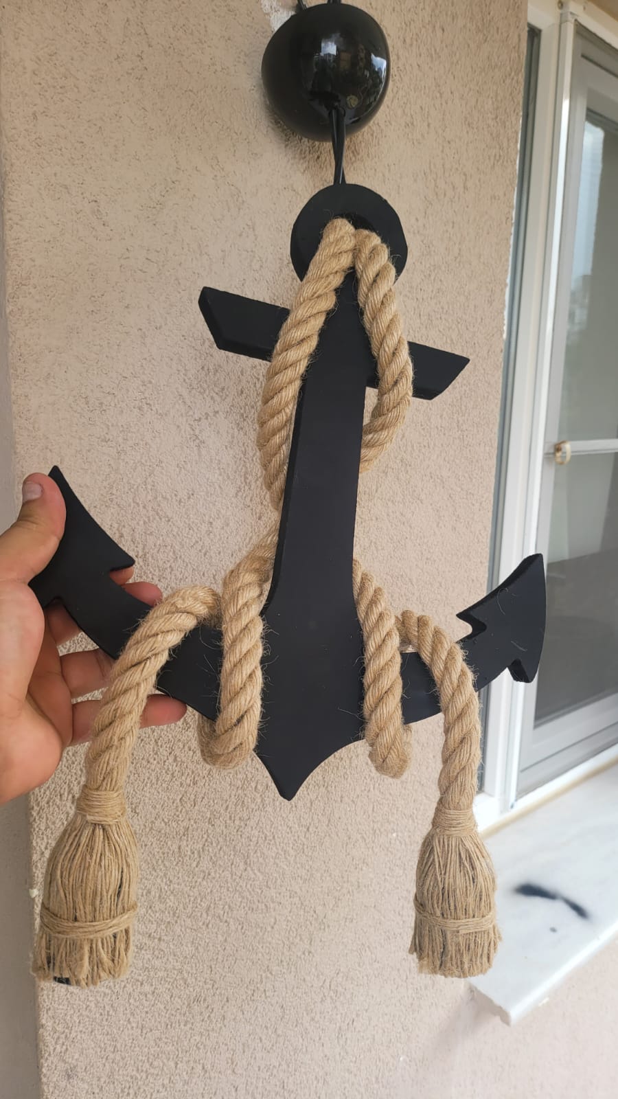 Handcrafted Wooden Anchor Pendant Light - Nautical Dual-Rope Chandelier with Adjustable Hanging Height