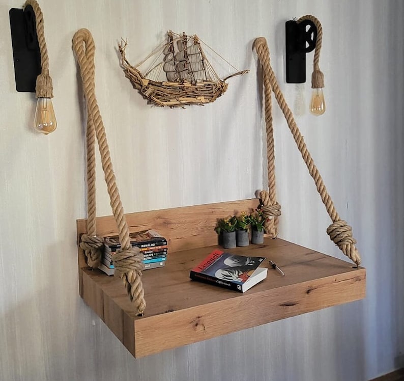 Homeartparis Handcrafted Rustic Wall-Mounted Rope Swing Table with Sconce Set