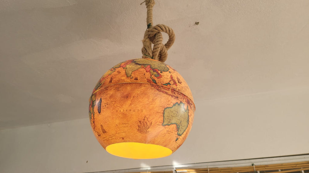 Vintage World Map Pendant Light - Handcrafted Nautical Hanging Globe Lamp with Adjustable Rope
