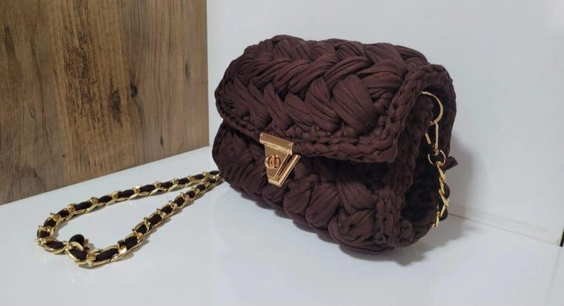 The Crochet Brown Bag with Gold Chain, Handmade Popcorn Stitch Purse, Elegant Evening Bag, Gift for Her by SevalDesing