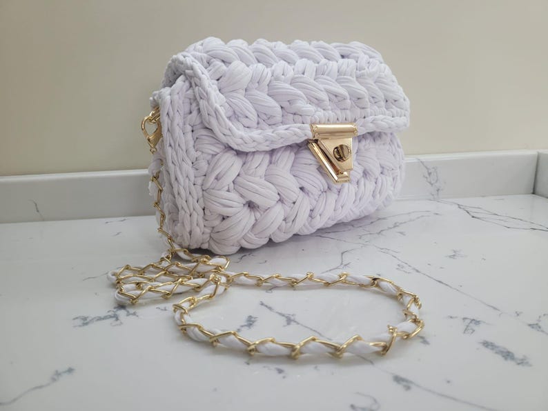 Chalk White Crochet Crossbody Bag - Handmade Popcorn Stitch Purse by Seval Özsoy - Soft T-Shirt Yarn Mini Bag - Unique Designer Gift
