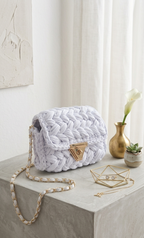 Chalk White Crochet Crossbody Bag - Handmade Popcorn Stitch Purse by Seval Özsoy - Soft T-Shirt Yarn Mini Bag - Unique Designer Gift