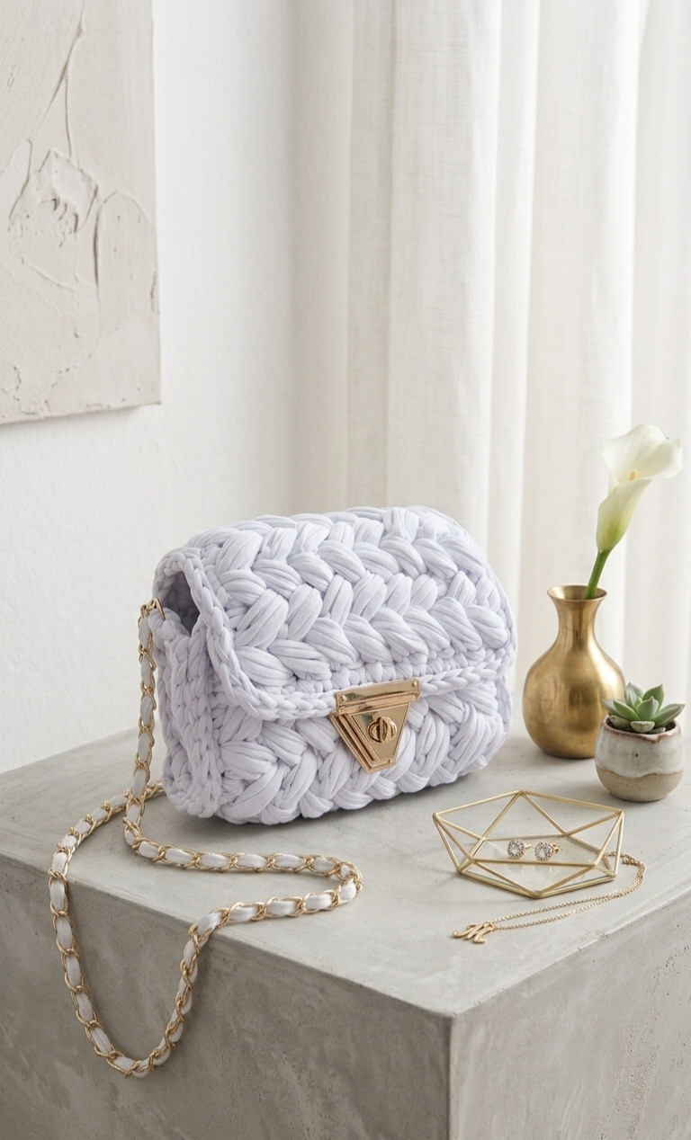 Chalk White Crochet Crossbody Bag - Handmade Popcorn Stitch Purse by Seval Özsoy - Soft T-Shirt Yarn Mini Bag - Unique Designer Gift