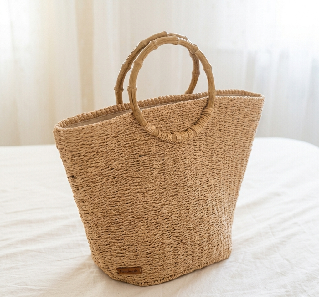 The Homeartparis Oversized Straw Tote Bag - Handmade Raffia Beach Bag by Seval Özsoy - Large Summer Vacation Bag with Bamboo-Look Handles - Chic Bohemian Gifts