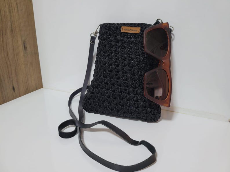 Black Crochet Mini Shoulder Bag - Bohemian Knit Crossbody Purse with Vegan Leather Accents - Unique Artisan Gift for Daily Use