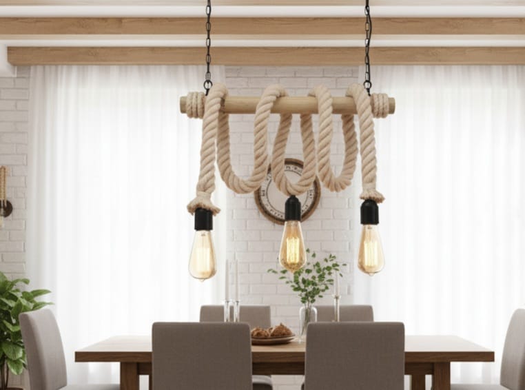 3-Light White Rope and Natural Wood Rustic Chandelier Homeartparis production