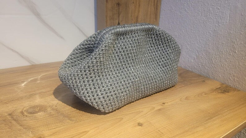 The Homeartparis Sparkly Grey Crochet Clutch - Handmade Silver Glitter Evening Bag by Seval Özsoy - Luxury Party Purse with Metal Frame - Elegant Occasion Gift