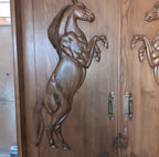 Vitage Wooden Garden Gate, Medieval Hand-Carved Chestnut Wood Double Doors with Rearing Horse Reliefs - Custom Size and Logo Options Homeartparis production