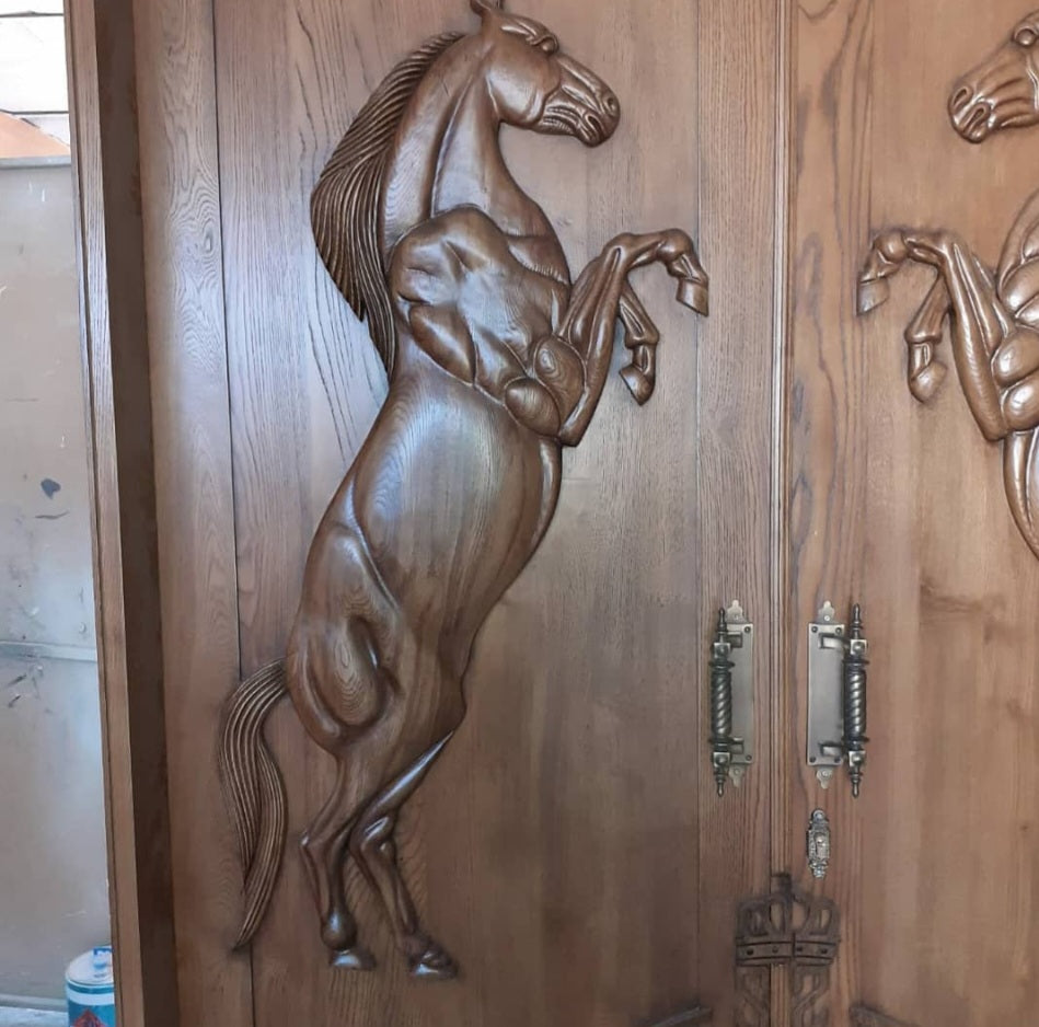 Vitage Wooden Garden Gate, Medieval Hand-Carved Chestnut Wood Double Doors with Rearing Horse Reliefs - Custom Size and Logo Options Homeartparis production