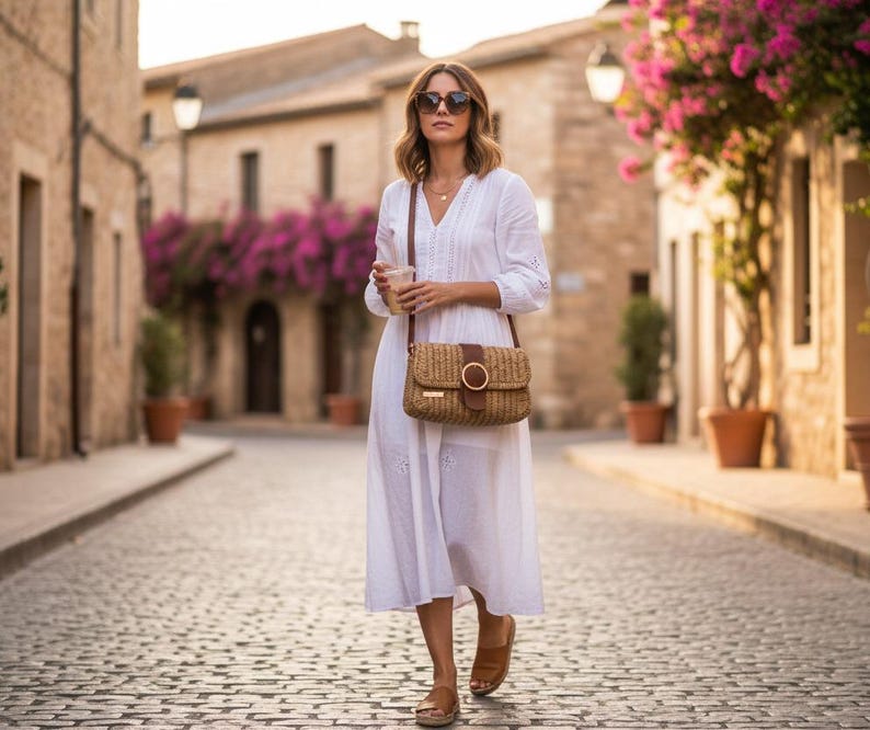 Bohemian Straw Crossbody Bag - Handmade Authentic Mini Bag by Seval Özsoy - Natural Woven Shoulder Purse with Leather Flap - Unique Artisan Gift
