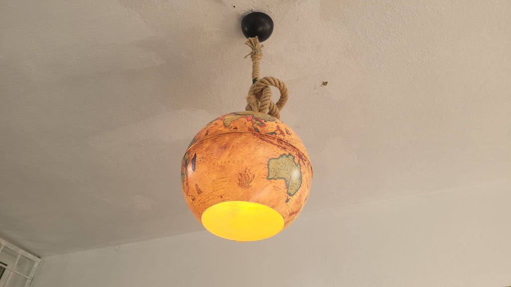 Vintage World Map Pendant Light - Handcrafted Nautical Hanging Globe Lamp with Adjustable Rope