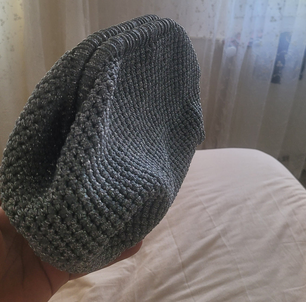 The Homeartparis Sparkly Grey Crochet Clutch - Handmade Silver Glitter Evening Bag by Seval Özsoy - Luxury Party Purse with Metal Frame - Elegant Occasion Gift