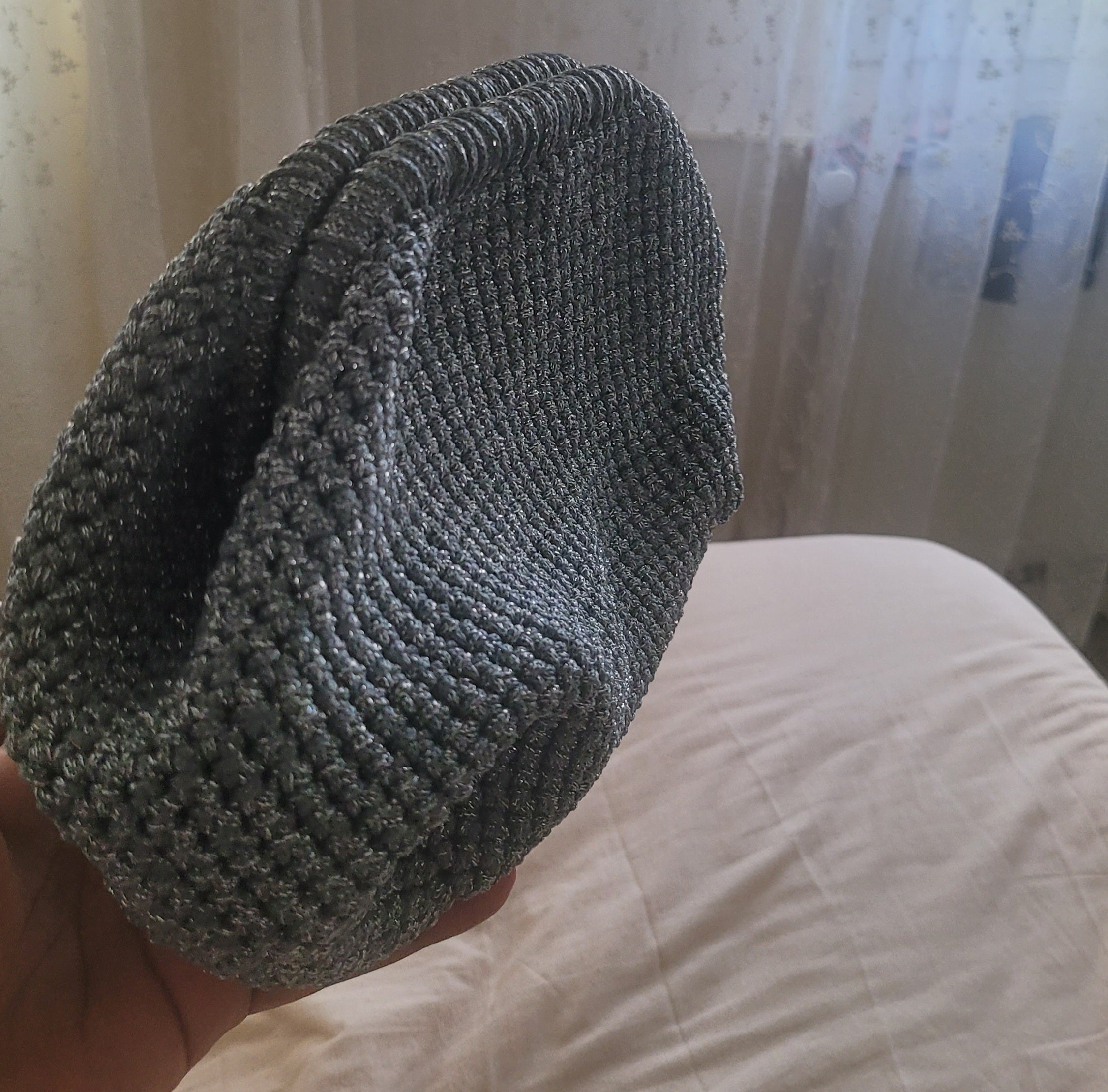 The Homeartparis Sparkly Grey Crochet Clutch - Handmade Silver Glitter Evening Bag by Seval Özsoy - Luxury Party Purse with Metal Frame - Elegant Occasion Gift