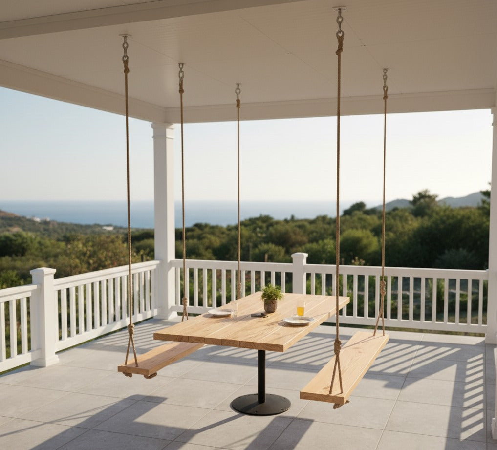 Homeartparis Handcrafted Industrial Solid Wood Dining Table with Swing Benches