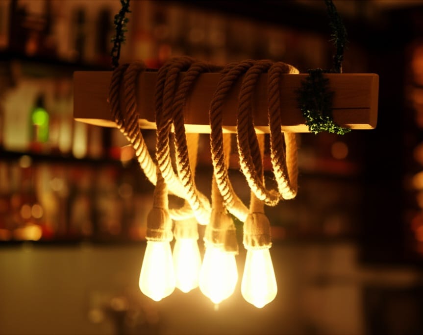 Vintage Rustic Solid Wood Beam Chandelier with 4 Hanging Rope Sockets Homeartparis production